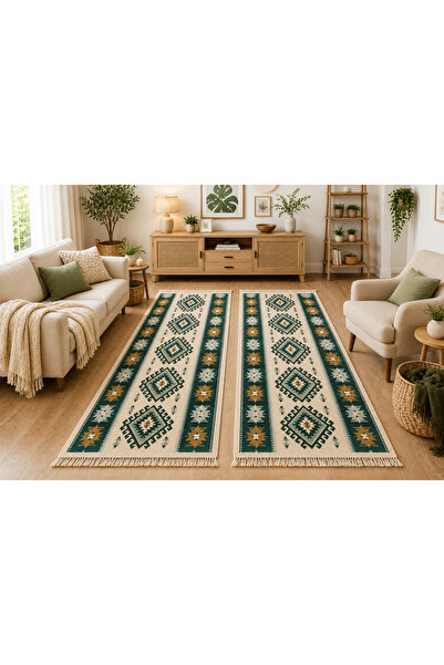 OEM Set 1+1 Covoare Tradiționale, Dimensiune 80x200cm, verde, Model Romb