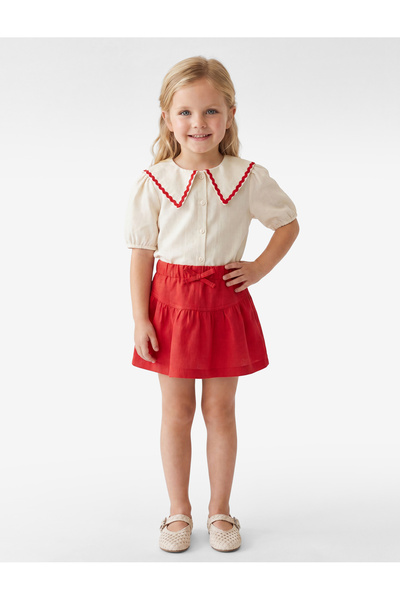 Koton Elastic Waist Linen and Viscose Blend A-Line Skirt with Bow