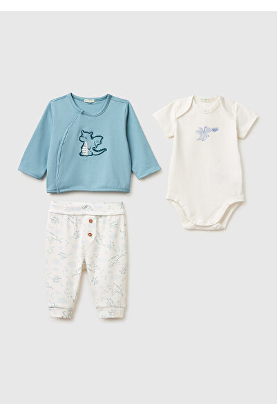 United Colors of Benetton Bebek Mavi-Beyaz Sweatshirt Body Eşofman Takımı