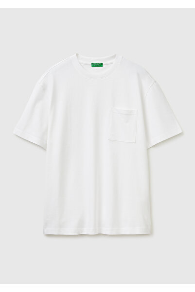 United Colors of Benetton تيشيرت رجالي أبيض 100% قطن مع جيوب وتطريز شعار على ...