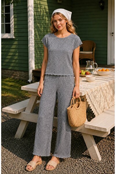 rindahomewear Costum de pijama Bürümcük din țesătură antracit cu mâneci scurte