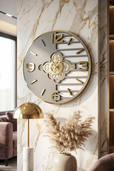 aSSe Tasarım Premium Rotating Gears Mirror Wall Clock Hareketli Döner Çark 50...