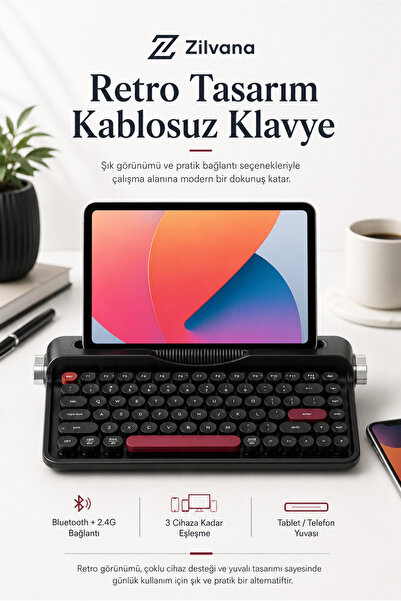 Zilvana Ravelia Retro Kablosuz Klavye Bluetooth + 2.4G Çoklu Cihaz Yuvalı Siyah
