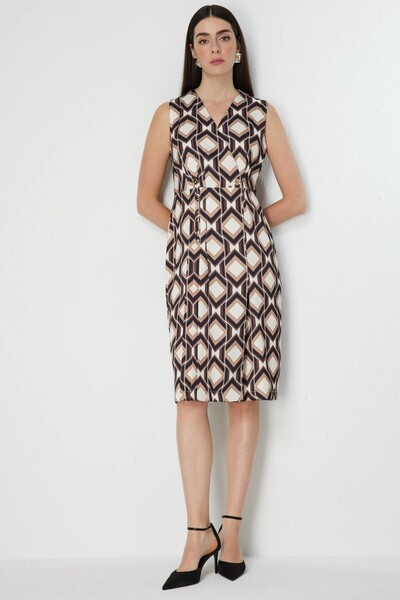 Ekol Geometric Patterned Double Breasted Midi Dress 6160