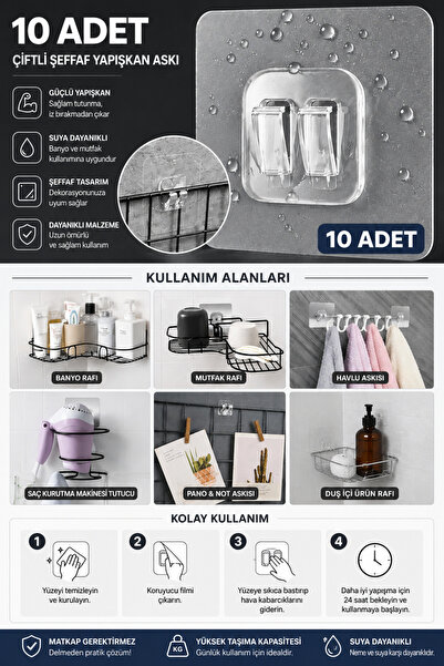 MİMOZA PARK 10 Adet Süper Güçlü Kendinden Yapışkanlı Raf Çerçeve Tutucu Kanca...