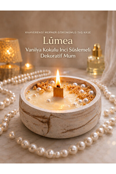 Lúmea Candle Lúmea Vanilya Kokulu İnci Süslemeli Dekoratif Mum–Mermer Görünüm...
