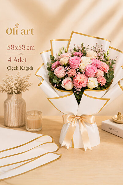 OLİ Art Çiçek Ambalaj Kağıdı Beyaz Altın Kenarlı 4 Adet Yapay Çiçek Kuru Çiçe...