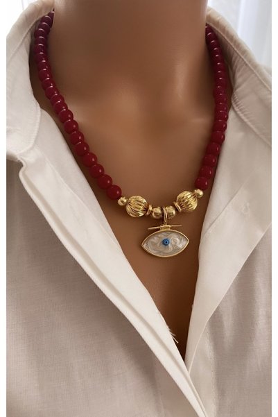 Trend Jewellery Gold Plated Burgundy Glass Beads Burgundy Dark Red Eye End Women's Necklace Gift Valentine's Mother's Day Gift in Gift Box