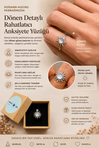Metanoyaco Rahatlatıcı Anksiyete Yüzüğü (Dönen detaylı, ayarlanabilir) Çelik,...
