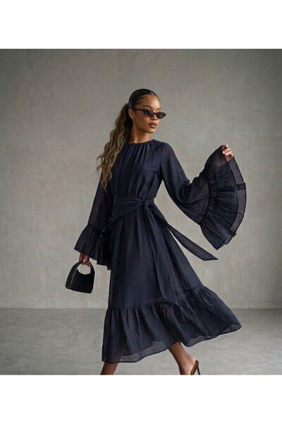 My Blog Navy Blue Shawl Drawstring Dress - 3404