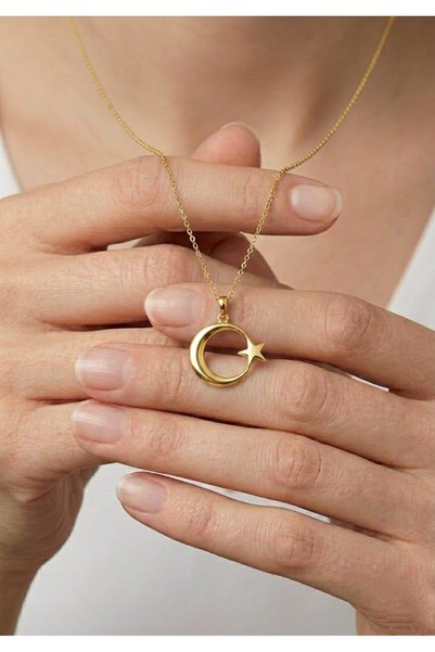 Moda Hilye www.modahilye.com Gümüş Ay Yıldız Hilal Mini Tasarım Kadın Kolye - 925 Ayar Gümüş - Altın Kaplama Sarı Renk