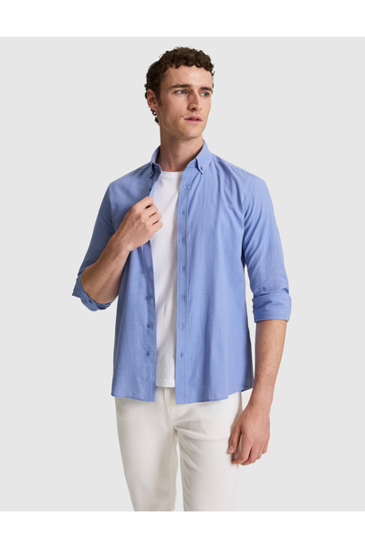 Pierre Cardin Cămașă albastră cu mânecă lungă, 100% bumbac, cu aspect de in, ...