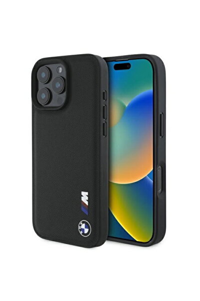 BMW iPhone 16 Pro Max - Кожен трицветен калъф с гладко гумено лого (BMHCP16X2...