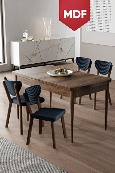 Canisa Exve Serisi MDF 80x132 Açılabilir Barok Ahşap Desen Masa Takımı ve 4 A...