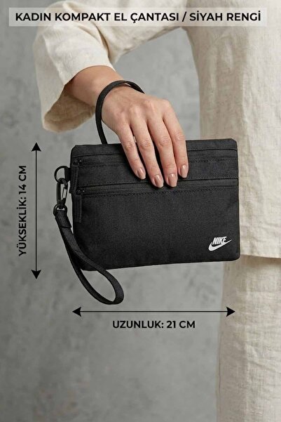 Nike Women's Black Fabric Handbag with Compartments and Wrist Strap 21X14 cm