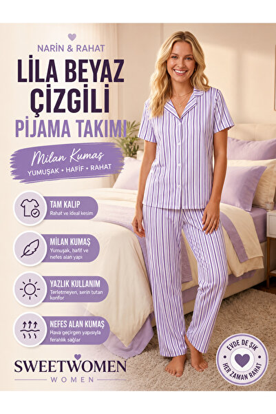 FİT WOMEN SWEETWOMEN Lila-Beyaz Çizgili Gömlek Yaka Pijama Takımı 4629-Lila K...