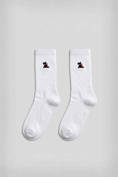 ablukaonline Unisex Köpek Baskılı Uzun Kolej Tenis Çorap Beyaz