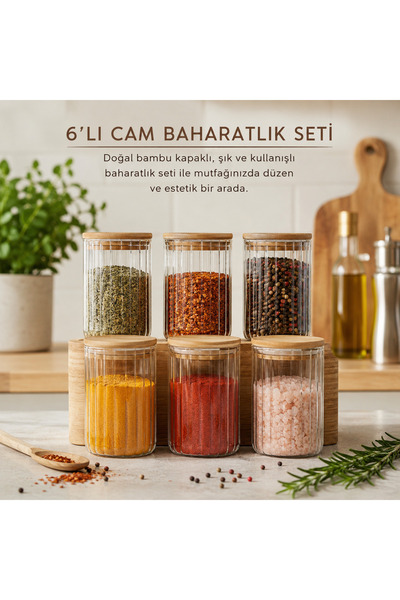 Denia Home | Borelia | 6'lı Bambu Kapaklı Çizgili Baharat- Kavanoz Takımı 850...