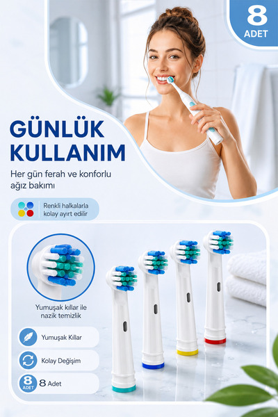 Beatitude 8 Adet Şarjlı ve Pilli Diş Fırçası Uyumlu Oral-B Muadili Yedek Başlık Ağız Bakım Fırçası