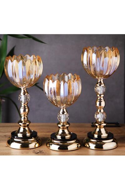 Genel Markalar 3 lü Kristal Cam Şamdan, Vazo Gold Metal Ayak 4470