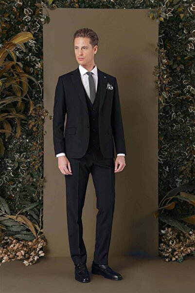 Efor Slim Fit %94 Yün Esnek Pötikare Desenli Siyah Yelekli Takım Elbise TK 887