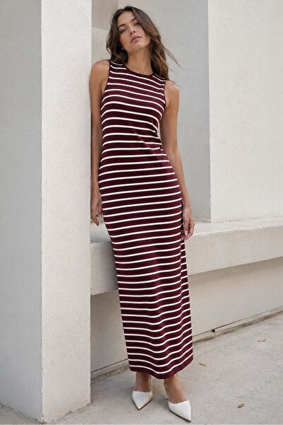 Madmext Burgundy Crew Neck Striped Casual Dress Mg2803