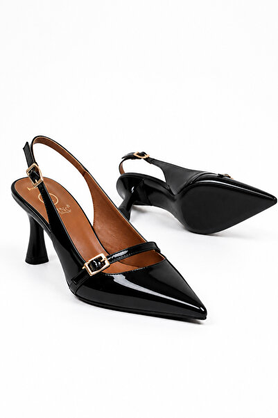 RoseVeno Women's Black Patent Leather Open-Back Buckle Pointed Toe Stylish Shoes