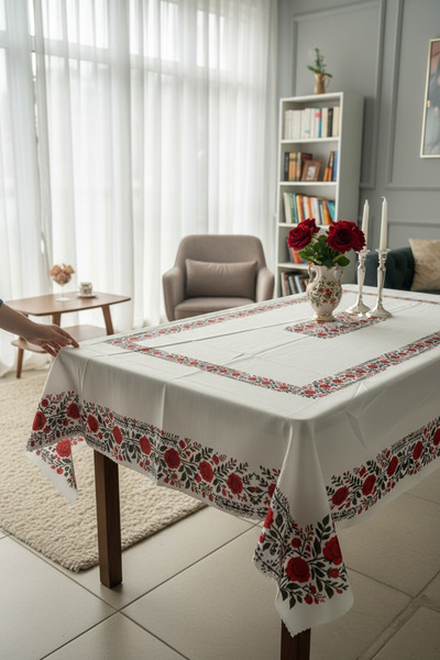 GMhome Dijital Baskılı Dertsiz Masa Örtüsü 160x220 cm – Kırmızı Çiçek Desenli...