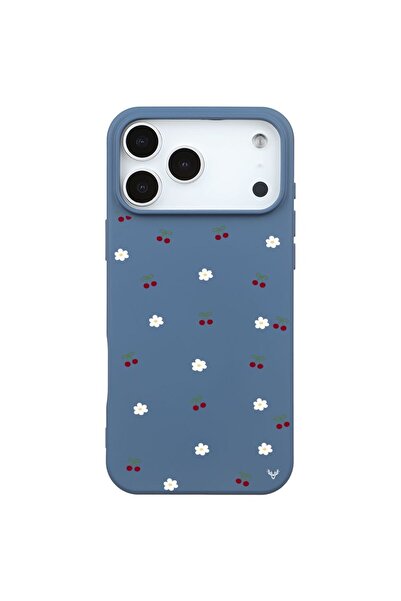 Casen iPhone 17 Pro Max Lacivert Lansman Renkli Silikon Kiraz ve Çiçek Desenl...
