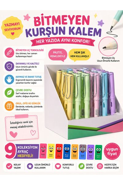 Pembe Pasaj Bitmeyen Kurşun Kalem - Pastel Renkli Sonsuz Kalem, Ekonomik Çizi...