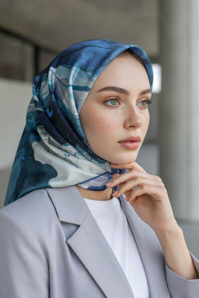 Vissona %100 Twill İpek Çiçekli Sulu Boya Dalga Desenli Gri - İndigo Renkli 9...