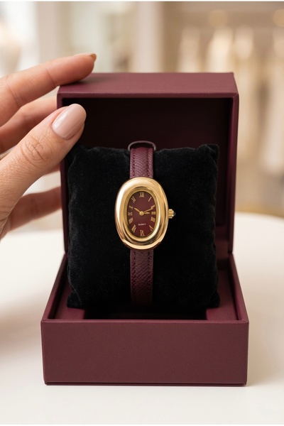 KLISHE Butik Classic Women's Watch Gold Color Oval Case Burgundy Dial & Burgu...