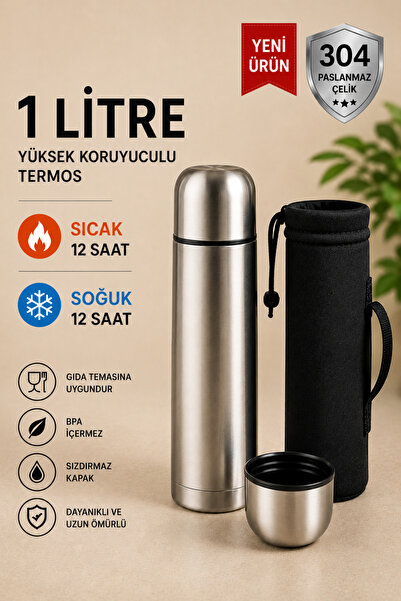 Bolindirim Çelik Termos 1 Litre , Çantalı model