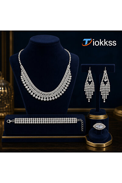 Tiokkss 5pcs Women Rhinestone Jewelry Set, Crystal-Look Necklace Earrings Bra...