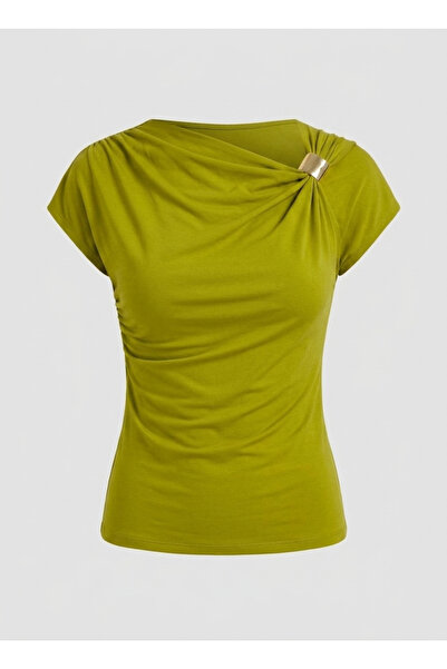 Shirred Shoulder Buckle Detailed Blouse Sendy Fabric