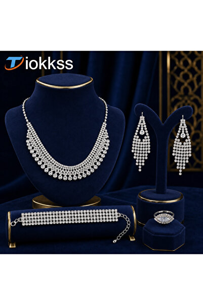 Tiokkss 5-Piece Crystal Rhinestone Jewelry Set for Women, Silver Bridal Neckl...