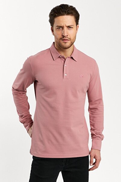 ENQUE Men's Polo Neck Comfort Long Sleeve Basic Pink T-Shirt