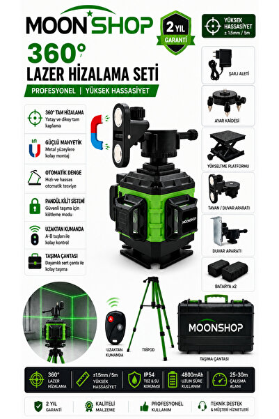 MOONSHOP 360° Yeşil Lazer Hizalama Seti Şarjlı 16 Çizgili Tripodlu Profesyone...