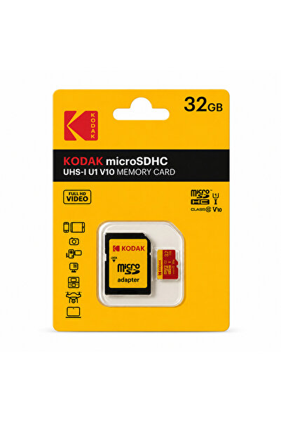 Kodak 32GB Micro SD UHS-I C10 U1 V10 Kart + Adaptör (Sarı)