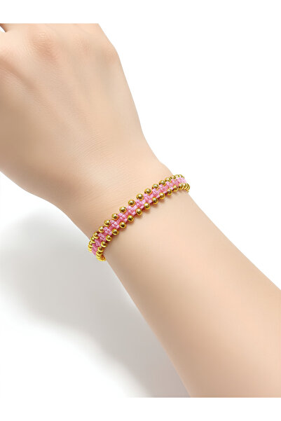 Tasarım Makrome Gold Bileklik (Pembe)