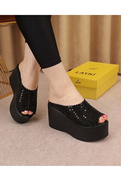 layki Luiyya Black Colored High-Sole Patterned Orthopedic Stone Detailed Slip...