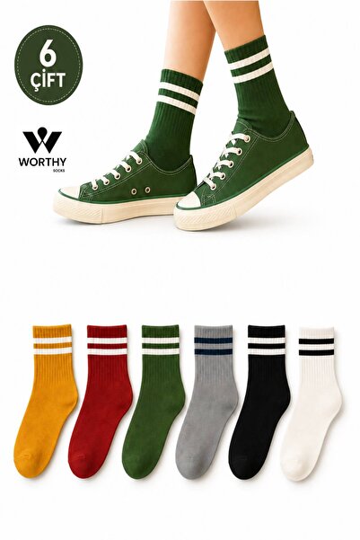 WORTHY SOCKS 6'lı Kadın Çizgili Renkli Kolej Spor Çorap Seti Tenis Stili 6 Çift