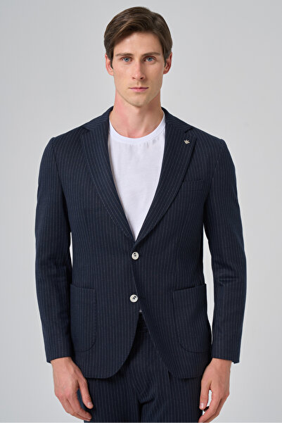 Morven Erkek Lacivert Poliviskon Trend Çizgili Slim Fit Mono Yaka Takım Elbise