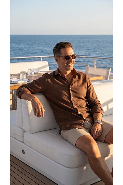 MEGALDİ Erkek Slim Fit Viskon Kahverengi Uzun Kollu Gömlek
