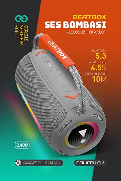POWERWAY BeatBox Gri Led Işıklı Dayanıklı Ses Bombası Usb Sd Aux FM Radyo Blu...