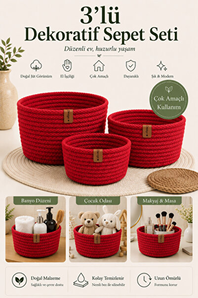 Fabrix Home 3-Piece Round Decorative Cotton Basket Set Red Color Multi-Purpos...