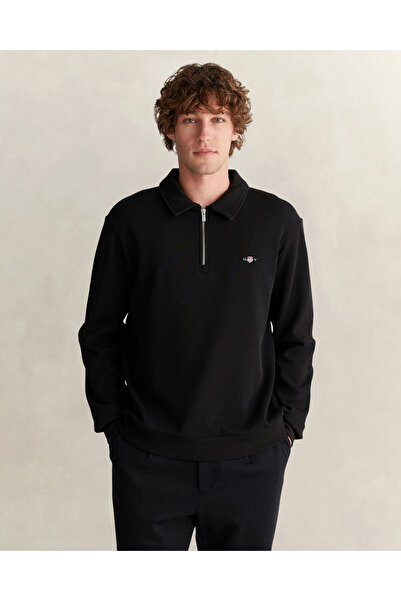 Gant Erkek Siyah Regular Fit Yarım Fermuarlı Logolu Sweatshirt