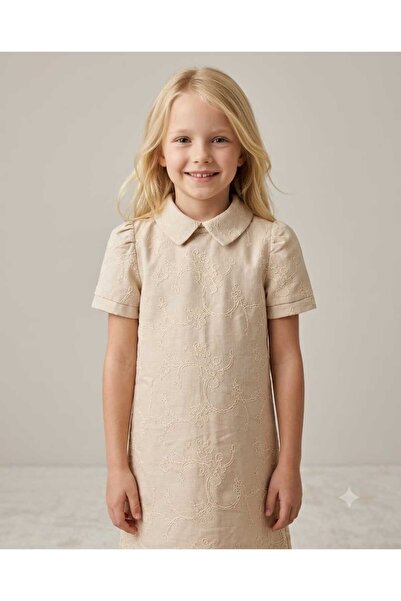 Hilal Akıncı Kids Girl's 100% Cotton Linen and Embroidered Dress