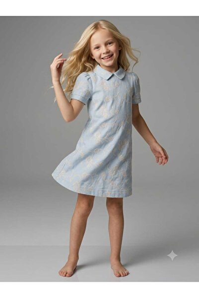 Hilal Akıncı Kids Girl's 100% Cotton Linen and Embroidered Dress