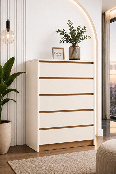 Kardelahome Kardela %100 MDF Premium 5 Çekmeceli Şifonyer Krem (KURULU TESLİM...